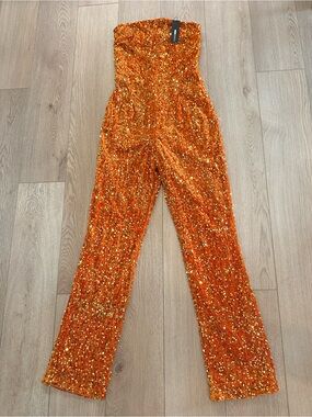 Fashion Nova Orange Sequin Strapless Jumpsuit Wide Leg Velvet Party Size L NWT
